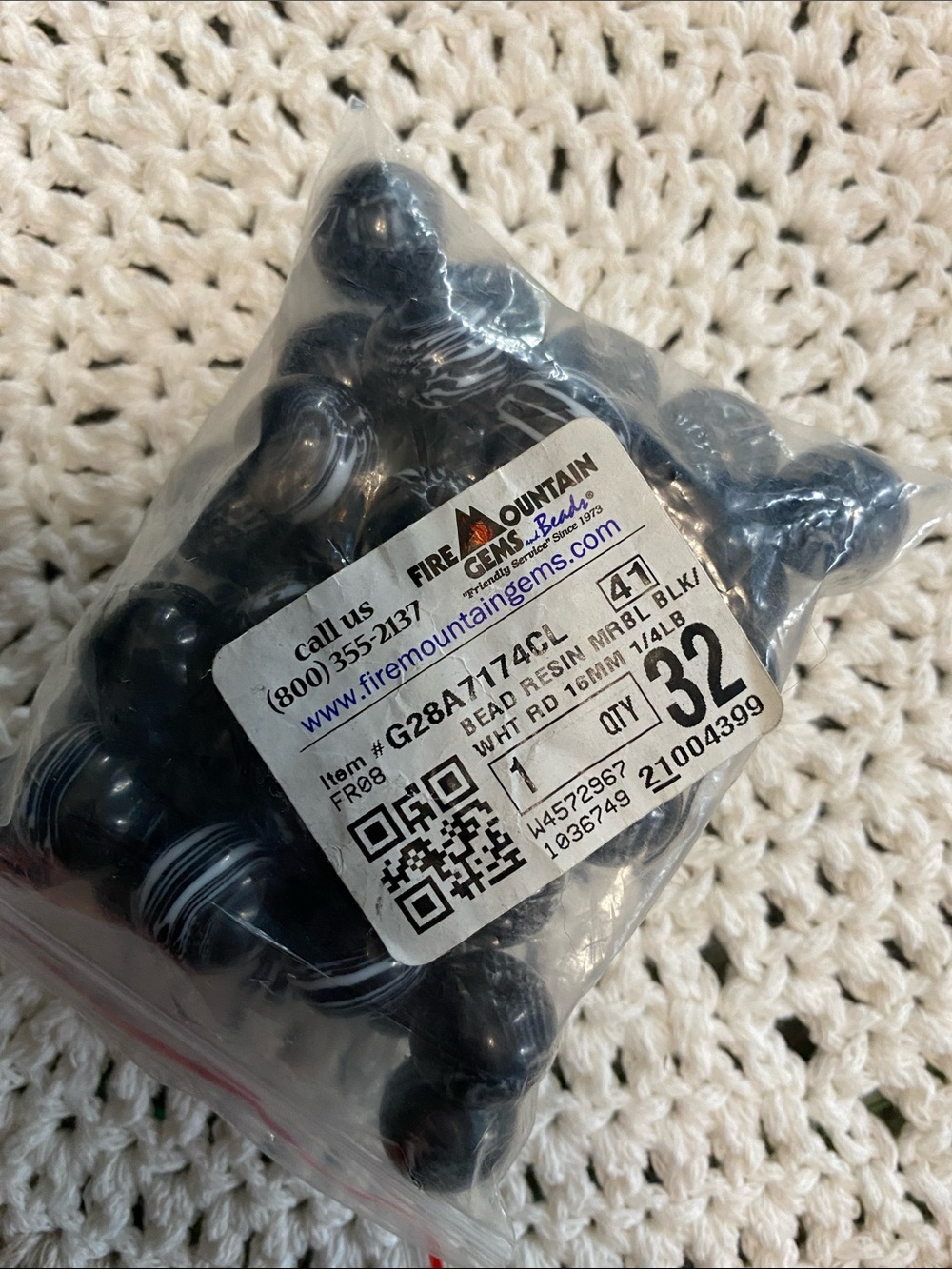BRAND NEW Black Marble Resin Beads 1/4 lb. 16mm